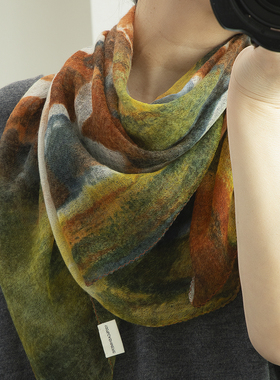 owooL100%山羊绒纯手绘复古方巾