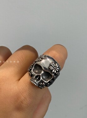 骷髅头指环灿烂如花海泰银戒指男