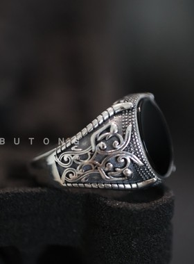 高桥风复古925银黑玛瑙开口戒