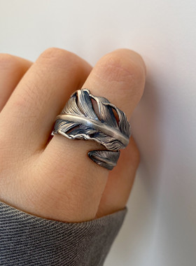 不同银匠 925纯银HB卷羽毛开口戒指手工印第安复古男女指环非高桥