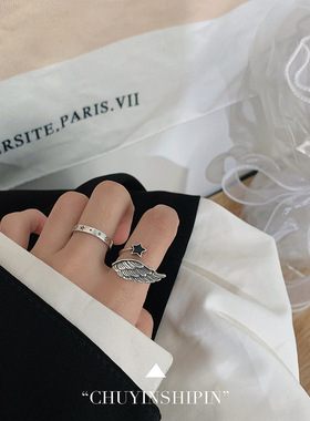 韩系925银复古做旧五角星戒指女