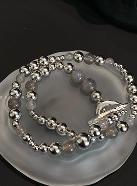 天然灰紫色玛瑙串珠OT扣头锁骨链