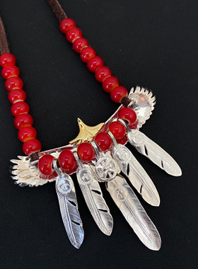 不同银匠 高桥风格手工铜头中鹰羽毛吊坠925纯银琉璃珠鹿皮绳套链