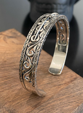 欧美925纯银六芒星花纹银手镯