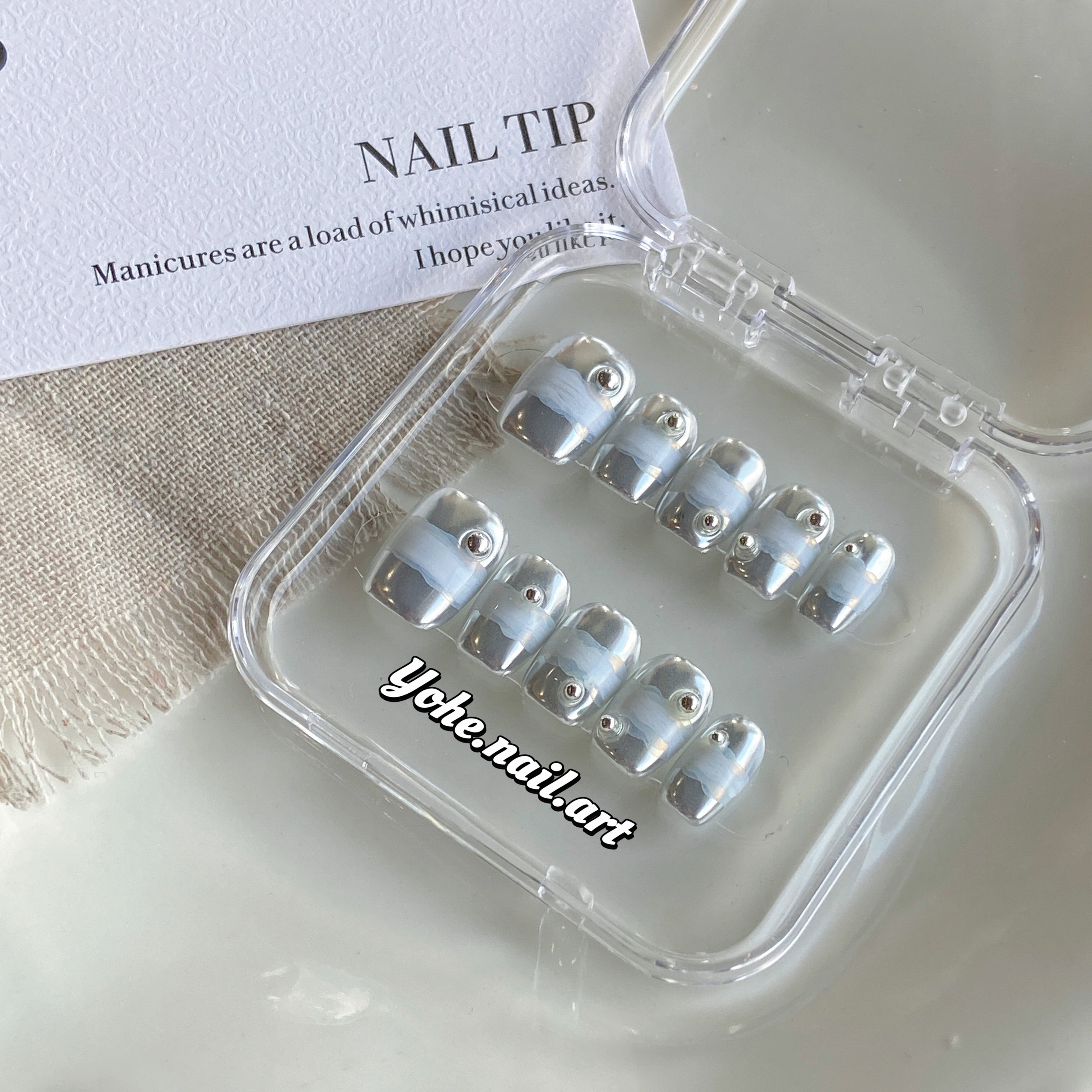 宥荷Studio 银色山泉ins高级感穿戴甲美甲定制假指甲手工定制短甲,淘宝优惠券,粉丝福利购,淘宝优惠卷