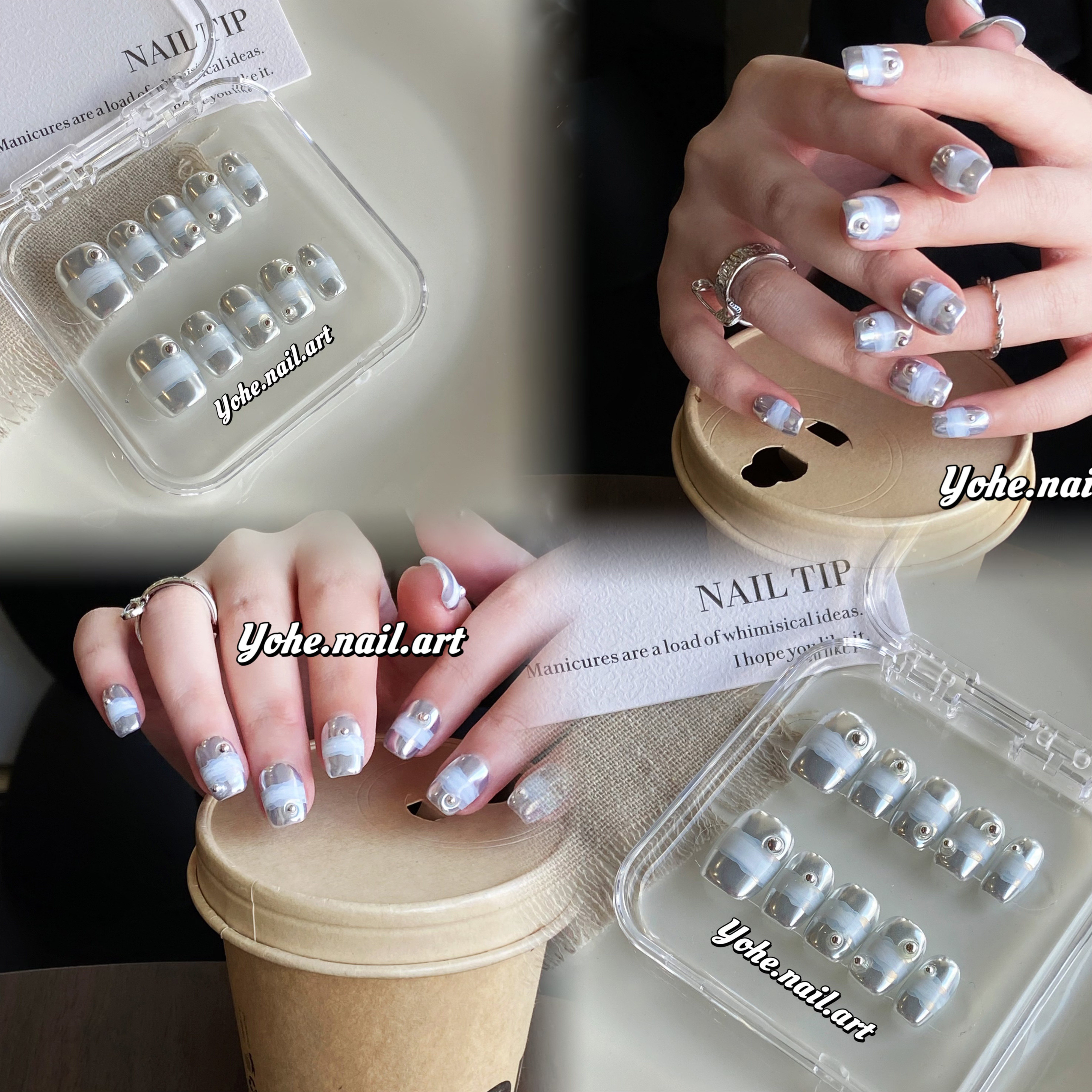 宥荷Studio 银色山泉ins高级感穿戴甲美甲定制假指甲手工定制短甲,淘宝优惠券,粉丝福利购,淘宝优惠卷