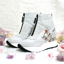 Limited time special price 39 spot RUCO LINE Italy white leather cloth silver R high help zipped air cushion running short boots