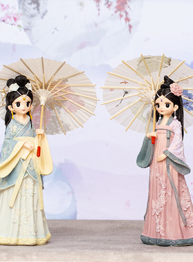 国潮古风玲珑少女打伞摆件宫廷格格桌面装饰汉服手办学生