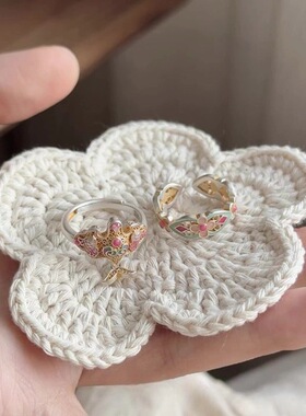 国风珐琅彩纸鸢戒指小众设计高级感新中式镂空繁花叠戴可调节戒指