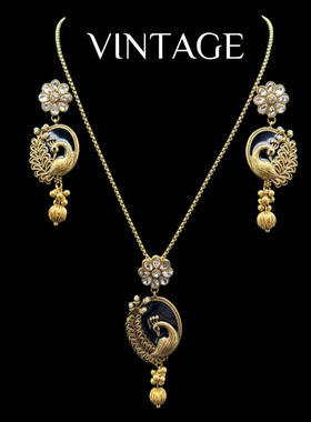 中古Vintage金手工珐琅项链耳钉