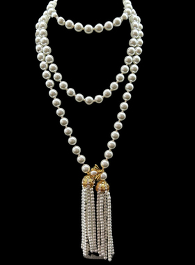 中古Vintage法式珍珠流苏高级气质优雅珍珠蜜蜂扣项链毛衣链腰链