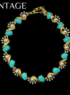 中古Vintage复古重工镶绿松石混搭项链高级感轻奢气质网红锁骨链