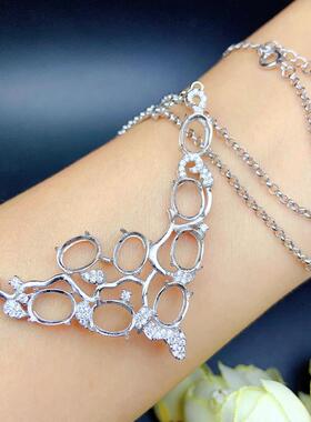 纯银纯银女椭圆群镶一体项链空托