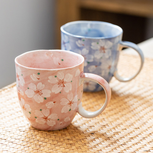 日本进口美浓烧手绘樱花粉马克杯情侣对杯礼物日式咖啡杯礼物水杯 - 图0
