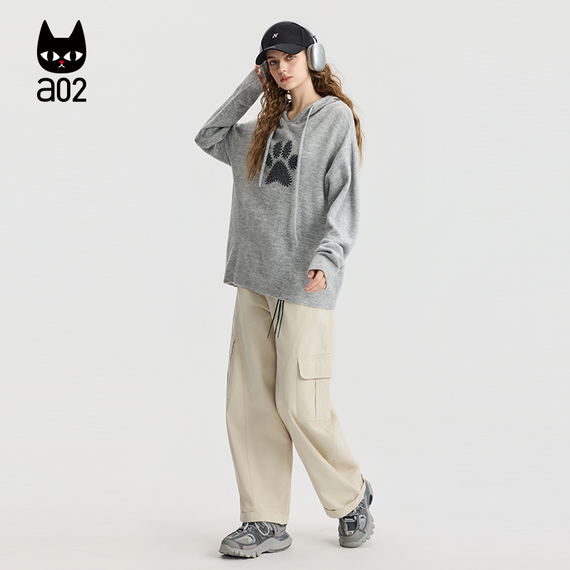 a02宽松灰色连帽针织衫女2025新款秋季通勤百搭休闲毛衣秋装上衣 - 图0