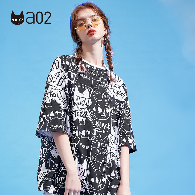 a02夏季甜酷猫咪印花短袖上衣宽松潮牌时尚设计感五分袖圆领T恤女 - 图0