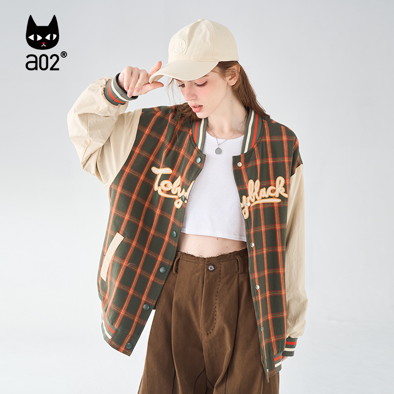 【Fuzzy style】a02美式休闲风格纹棒球服外套上衣女2024秋季新品 - 图1