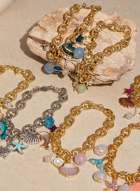 卡卡KA度假风海洋系列贝壳海星海豚金属滴油巴洛克珍珠水钻O手链