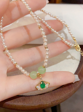 卡卡KA新中式温润雅致祖母绿银杏叶水钻锆石珍珠项链青春常在礼物
