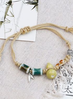 卡卡KA新中式手工编织手链葫芦竹子陶瓷棉绳平结元素设计福禄平安