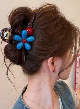 撞色蓝色花朵抓夹女高级感发夹