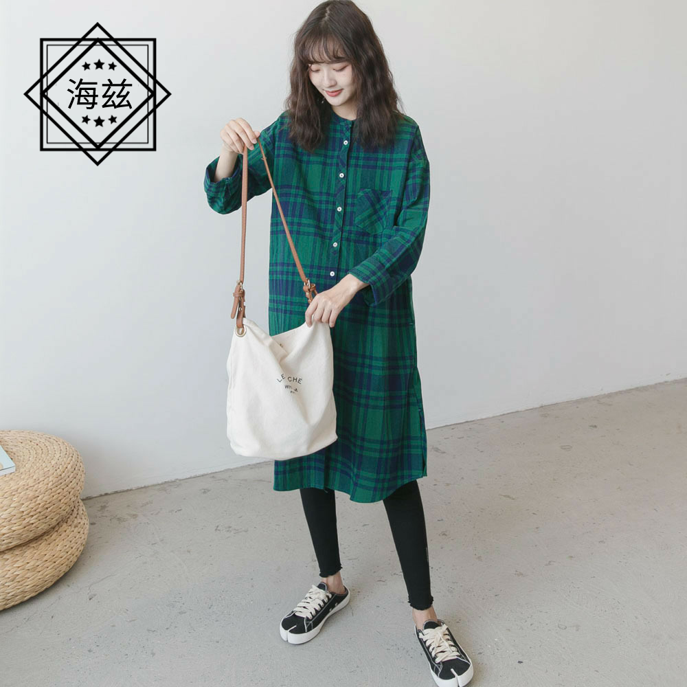 春秋新款孕妇装文艺风立领格子裙 海兹服饰T恤