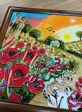 手绘瓷板画干果盒客厅茶几零食彩妆首饰老榆木带盖收纳盒立体浮雕