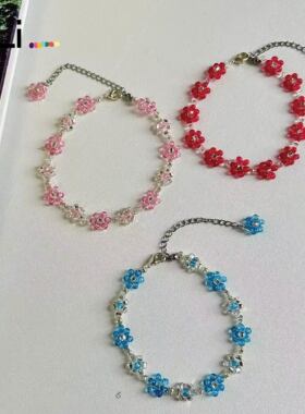 黑色彩色花朵串珠手链原创自制超仙少女感温柔礼物手饰