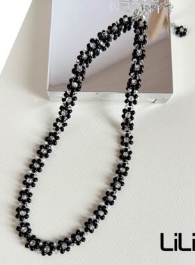 黑色彩色花朵串珠项链原创自制超仙少女感温柔礼物首饰