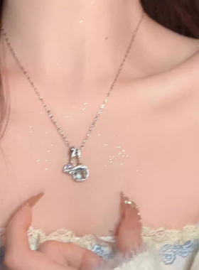 蓝色皓石钛钢项链女韩系ins清冷感小众设计气质项链潮轻奢锁骨链