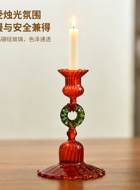 欧式圣诞树玻璃烛台蜡烛座摆件 好看家用红色圣诞花环高脚杯烛台
