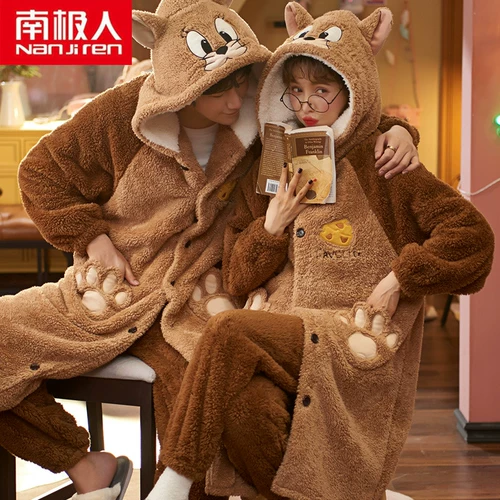 Демисезонная пижама для влюбленных, коралловое бархатное термобелье подходит для мужчин и женщин, флисовый длинный фланелевый банный халат, удерживающий тепло комплект, увеличенная толщина