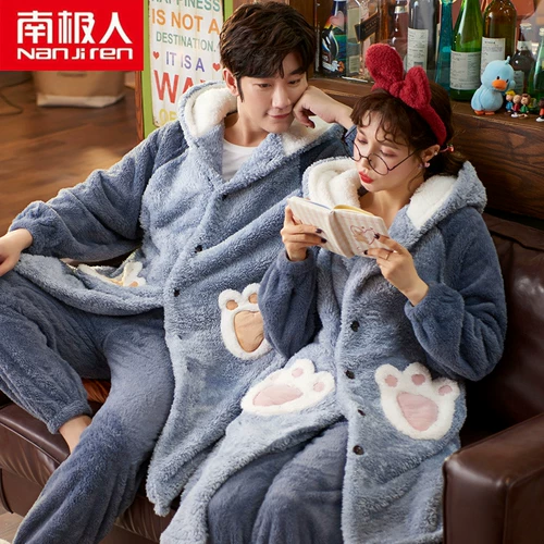 Демисезонная пижама для влюбленных, коралловое бархатное термобелье подходит для мужчин и женщин, флисовый длинный фланелевый банный халат, удерживающий тепло комплект, увеличенная толщина