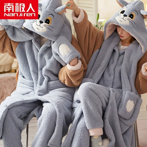 Демисезонная пижама для влюбленных, коралловое бархатное термобелье подходит для мужчин и женщин, флисовый длинный фланелевый банный халат, удерживающий тепло комплект, увеличенная толщина