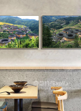 客家文化装饰画福建闽南建筑土楼围龙屋挂画特色民宿客栈背景壁画