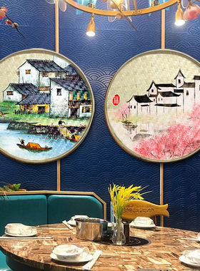 手绘簸箕画农家乐装饰画江南水乡挂画复古怀旧美丽乡村文化墙壁画