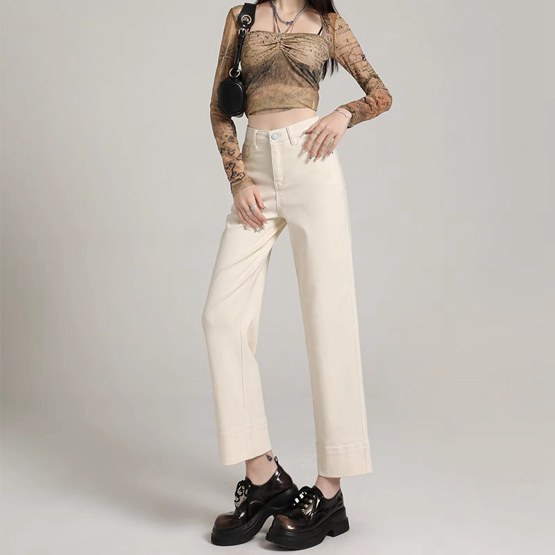 白色九分加绒烟管裤直筒牛仔裤秋冬高腰显瘦宽松休闲小个子法棍裤 - 图2