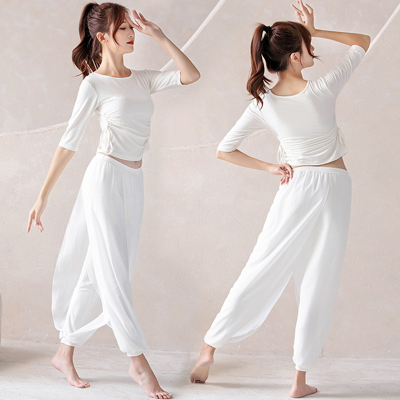 舞韵枣红白色飘逸雪纺裤两侧抽绳喇叭袖团体拍照表演舞蹈服瑜伽服,淘宝优惠券,粉丝福利购,淘宝优惠卷