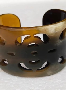 天然牛角手镯宽边复古镂空雕刻