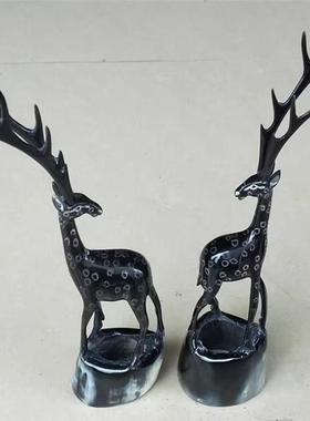 天然牛角雕刻梅花鹿摆件家居装饰