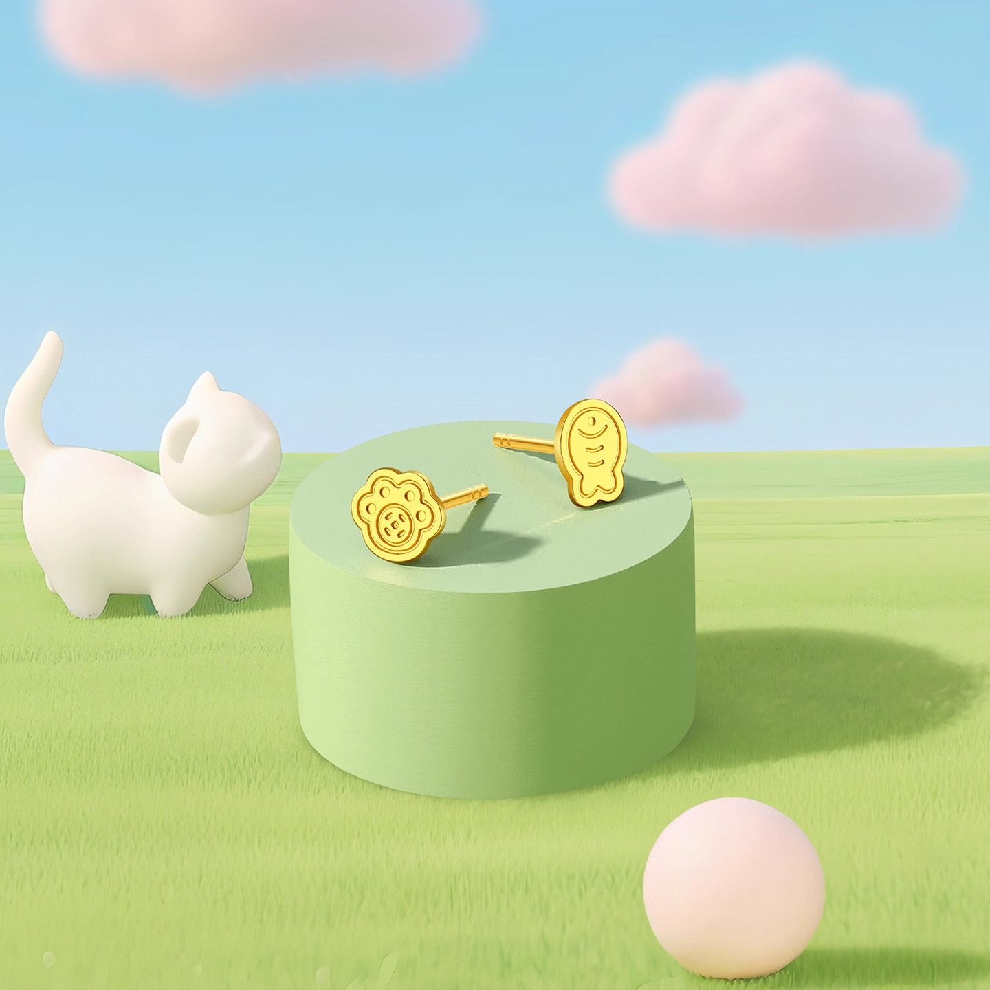 潮宏基宠物联萌足金耳钉黄金耳饰小鱼小猫生日礼物送女友 计价,淘宝优惠券,粉丝福利购,淘宝优惠卷