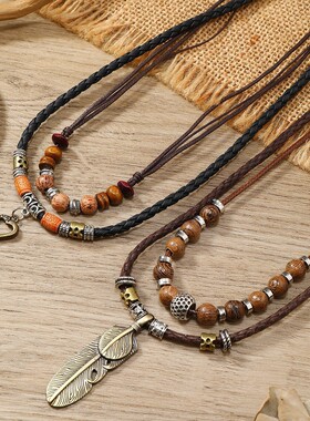 necklace women欧美文艺复古蝴蝶合金多层木珠打结可抽拉手工编织