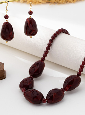 复古酒红色串珠项链耳饰套装女