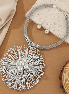 欧美夸张铝丝大花朵吊坠项链耳环