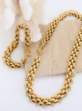 首饰套装环扣粗链条项链+手链｜