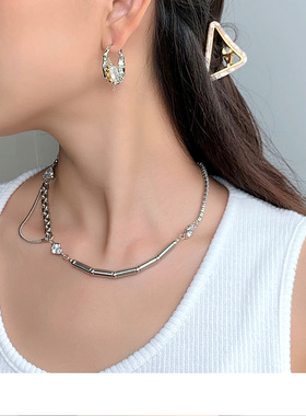 necklace women时尚锆石耳钉个性拼接小众设计淡水珍珠锁骨项链潮