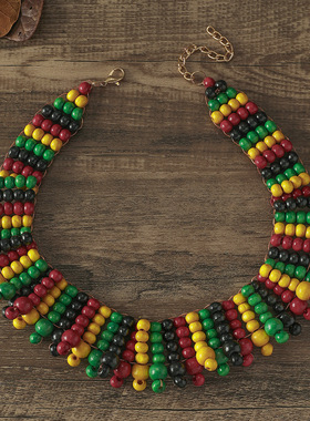 Retro wooden bead necklace multi-layer braided color复古项链