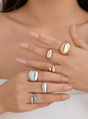 欧美设计感几何Ring小众开口指环食指戒子熔岩金属风弧形戒指