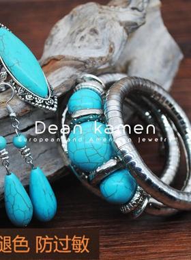 绿松石项链耳环套装Retro turquoise National Necklace Earrings