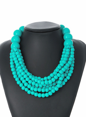 Stage wooden necklace earrings欧美木珠多层流苏波浪短款项链锁